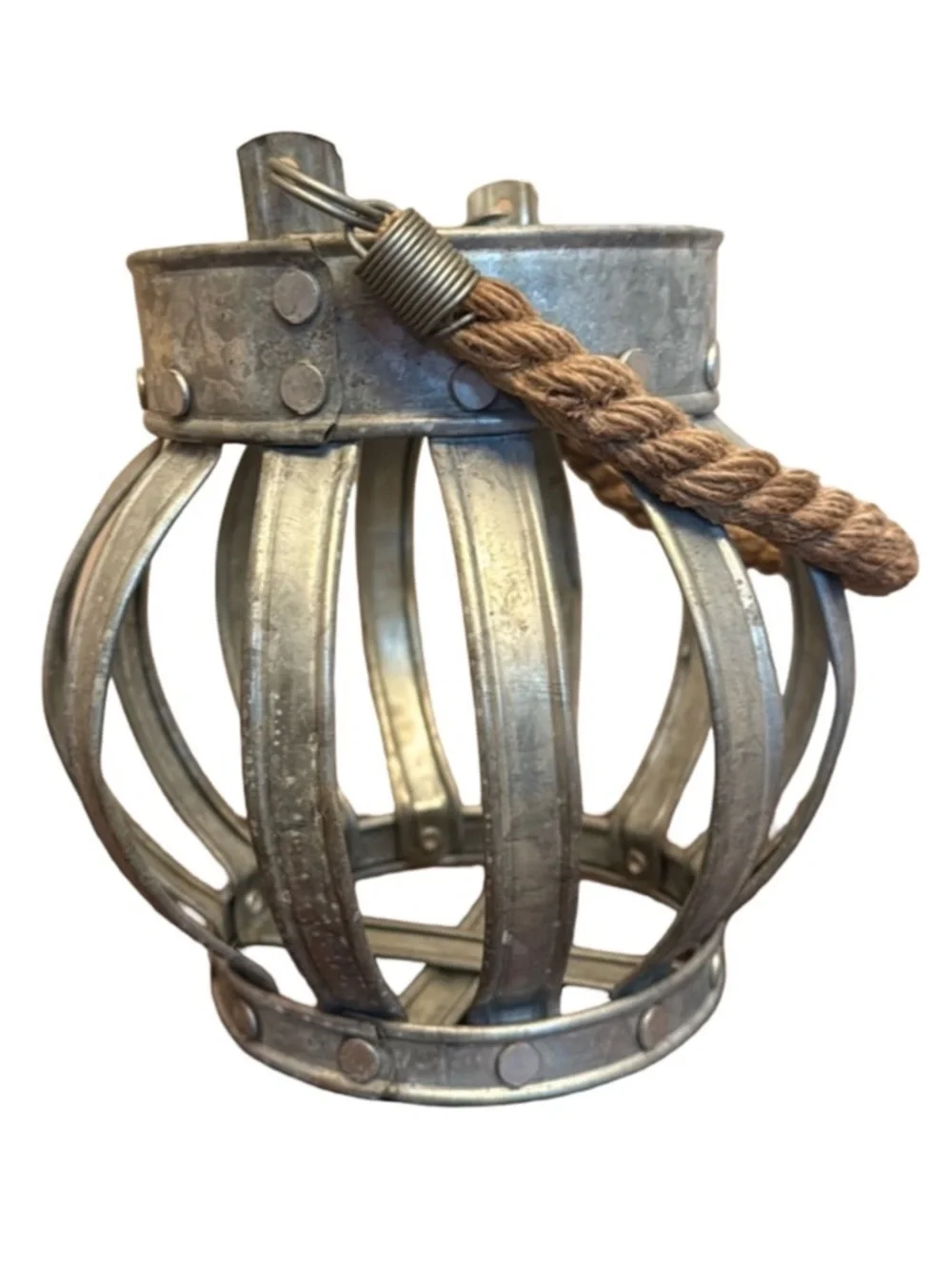 Rustic Farmhouse Galvanized Metal Crown Candle Holder Lantern with Rope Handle
